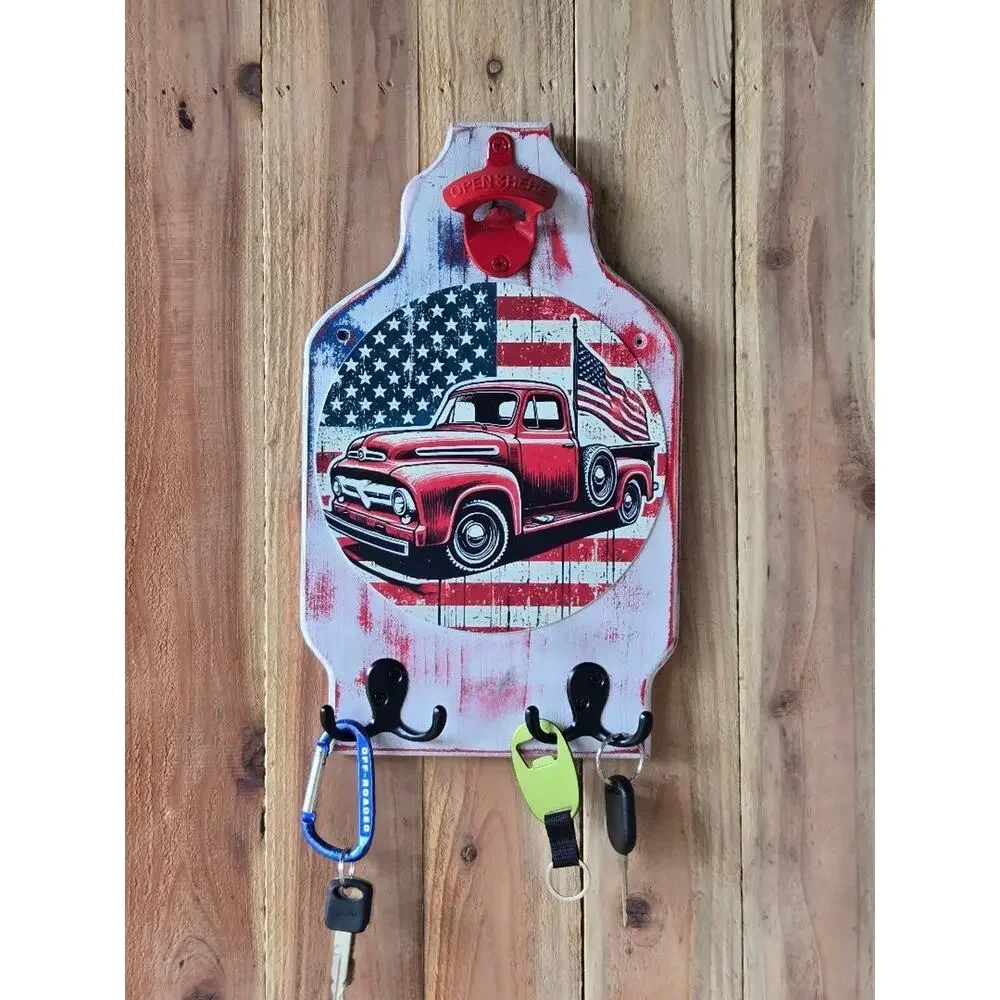 Red Pickup Wall Mount Plaque, Rustic Vintage, Solid Wood, Bottle Opener, Hooks